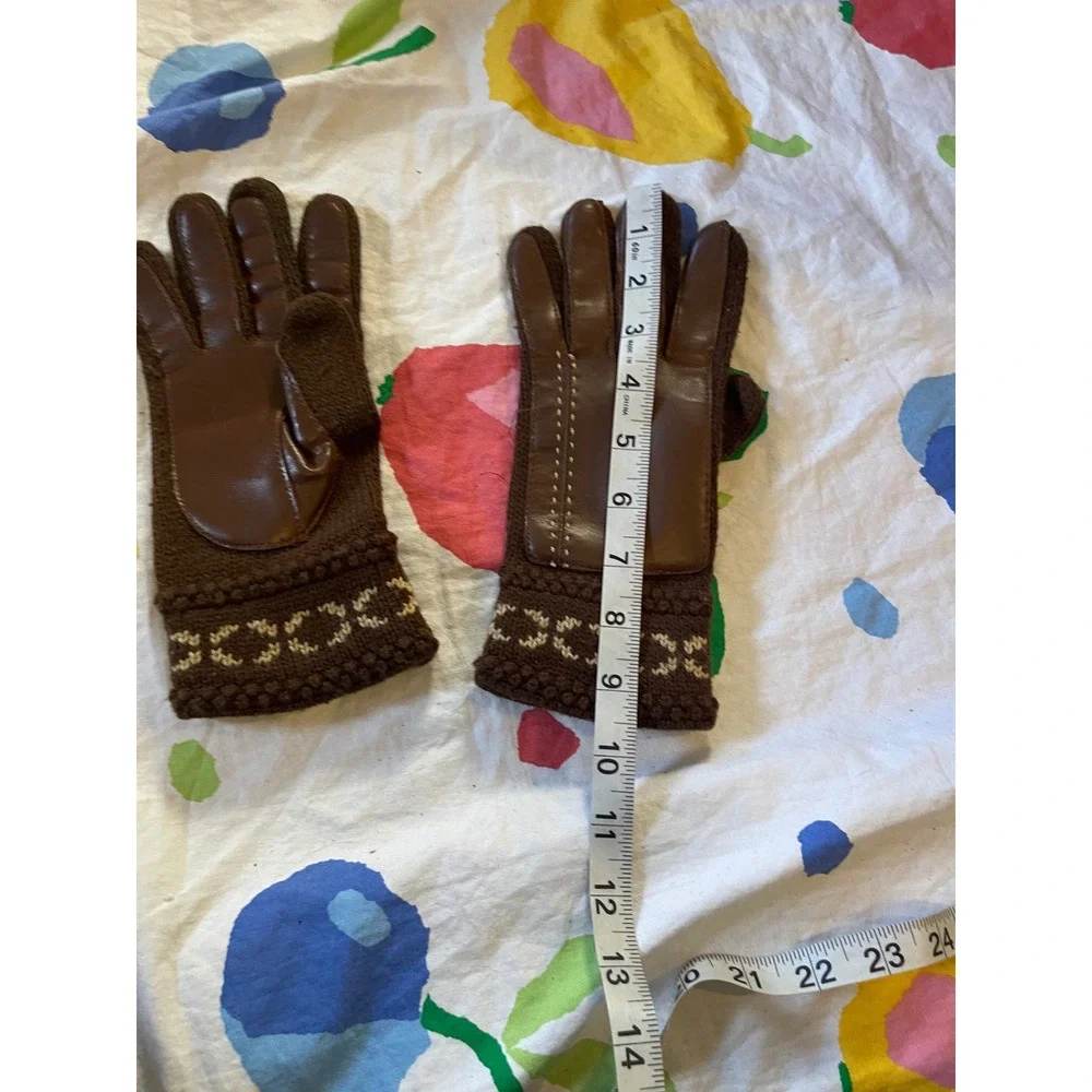 Vintage Womens Brown faux‎ Leather Knit Cuff Gloves Cozy Winter